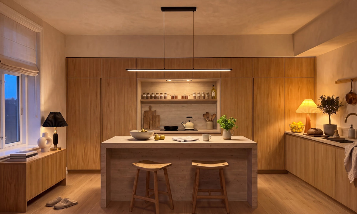 Kitchen after: warm layered light from the Ito linear pendant, Hashira and Orime table lamps